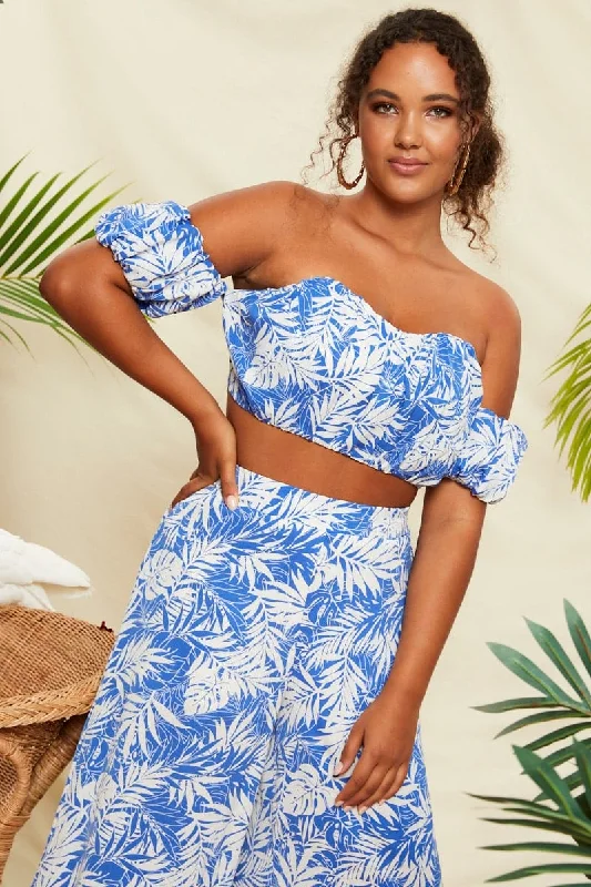 Best Bargains Mono Print Ruched Palm Tree Print Bardot Crop Top