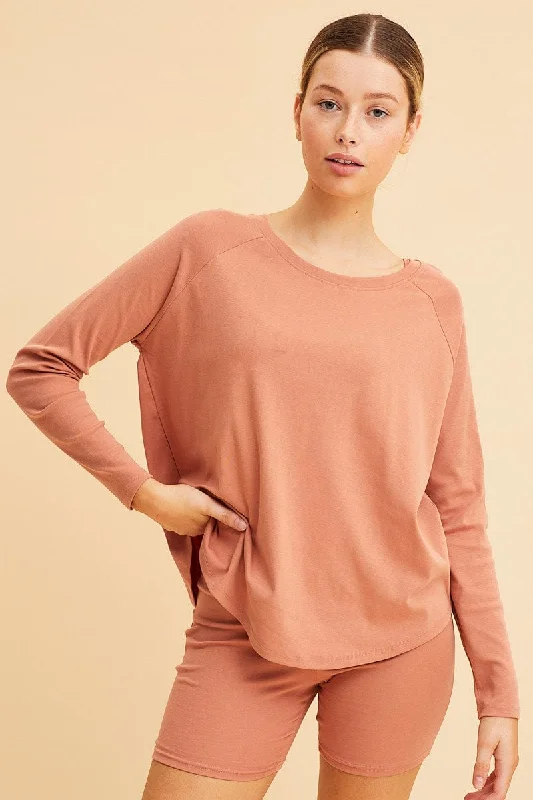 Savings Galore Orange Cotton Top Long Sleeve Relaxed Fit Curved Hem