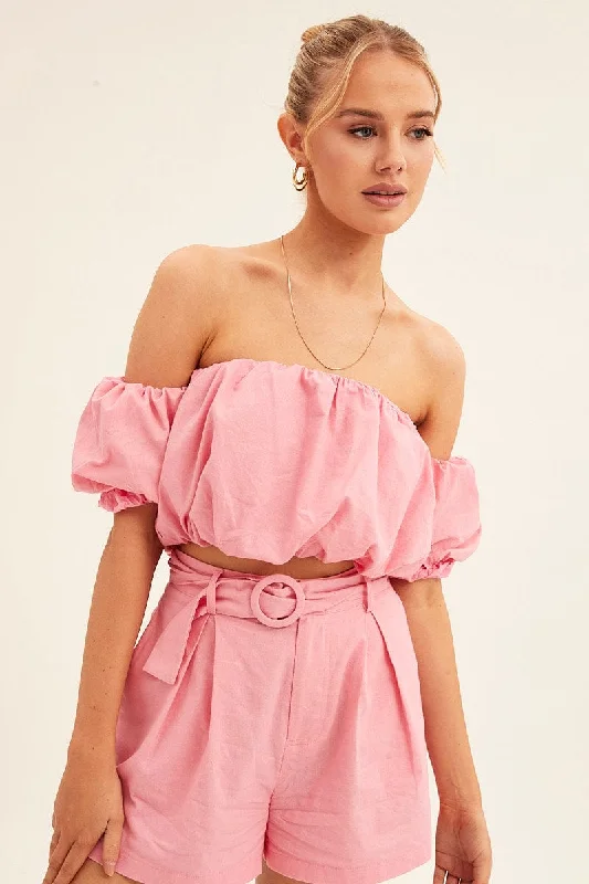 Exclusive Online Offer Pink Crop Top Off Shoulder Puff Sleeve