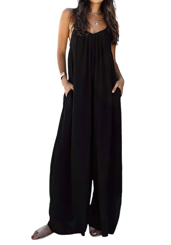 Get It Before It’s Gone Pleated V Neck Jumpsuit Side Pocket In Black
