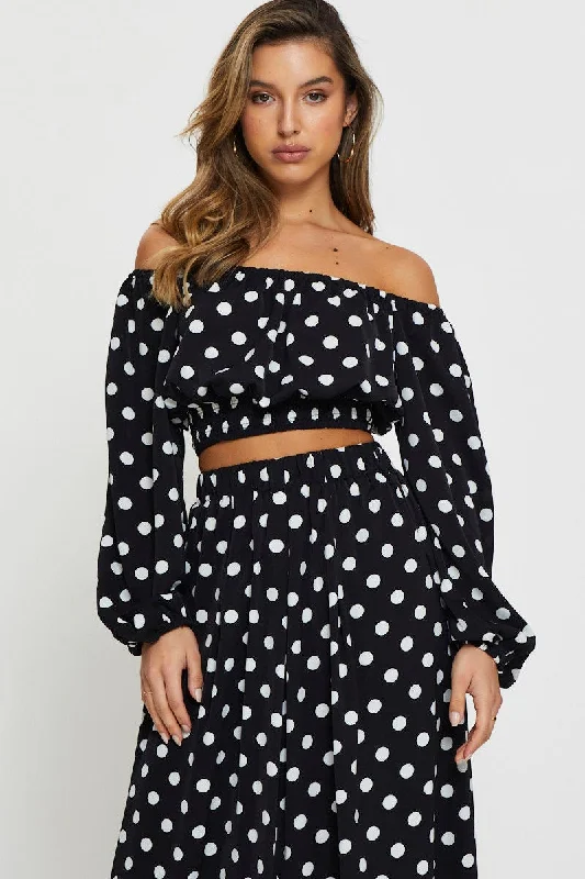 Markdowns Polka Dot Crop Top Long Sleeve Off Shoulder