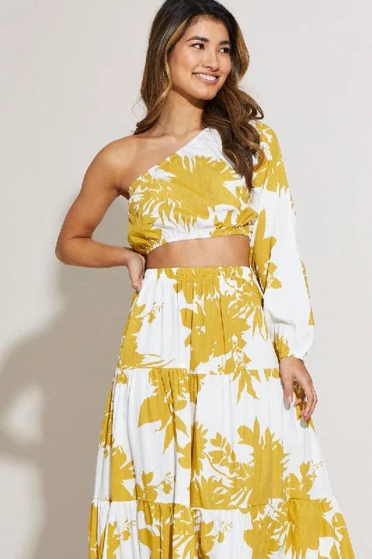 Deal Explosion Print Crop Top One Shoulder Long Sleeve