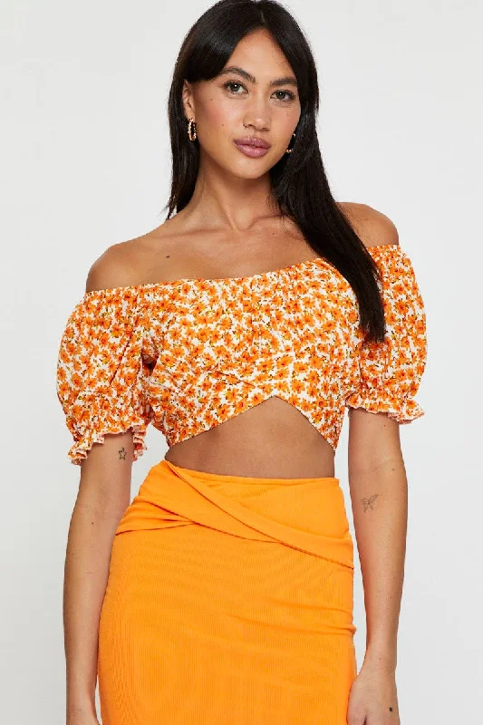 Buy Now Print Crop Top Short Sleeve Off Shoulder