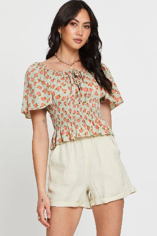 Price Cut Print Crop Top Short Sleeve Sweetheart
