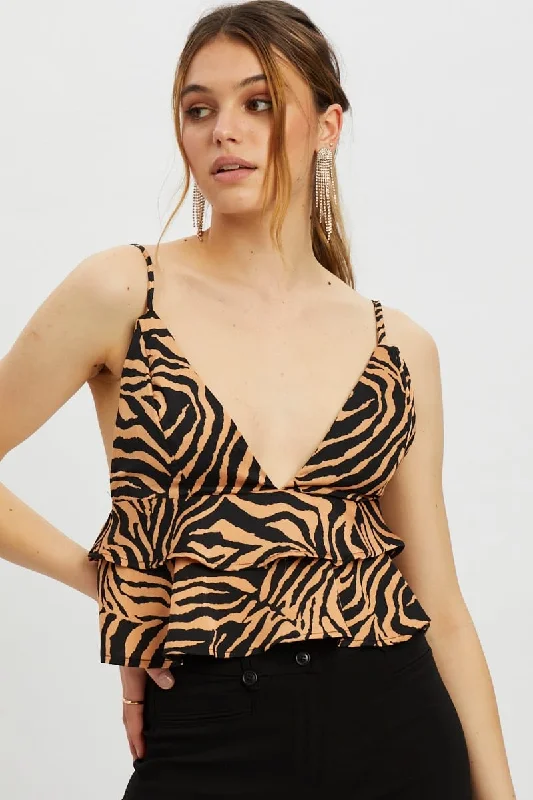 While Supplies Last Print Designer Zebra Print Tiered Ruffle Cami Top