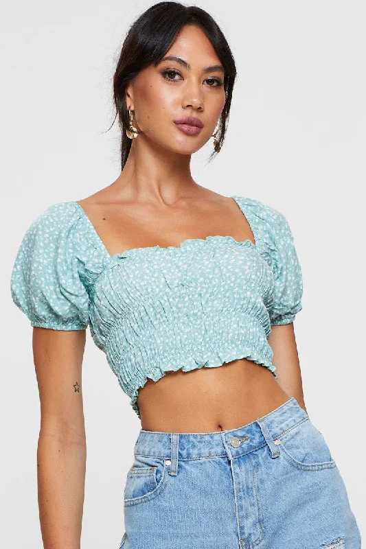 Sale Event Print Peplum Top Short Sleeve Crop