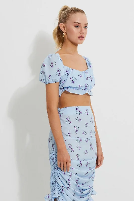 Last Chance Print Print Puff Shoulder Ruched Bust Crop Top