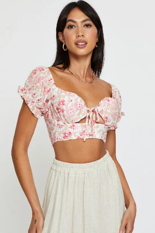 Quick Sale Print Puff Sleeve Top Short Sleeve Crop