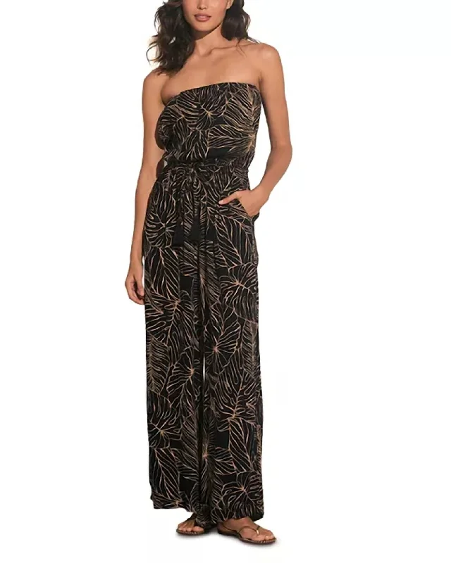 Savings Alert Strapless Tropical Jumpsuit In Blk Natural