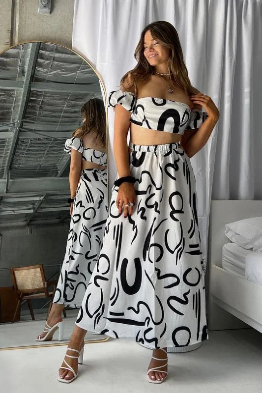 Fantastic Offers White Abstract Abstract Off Shoulder Crop Top