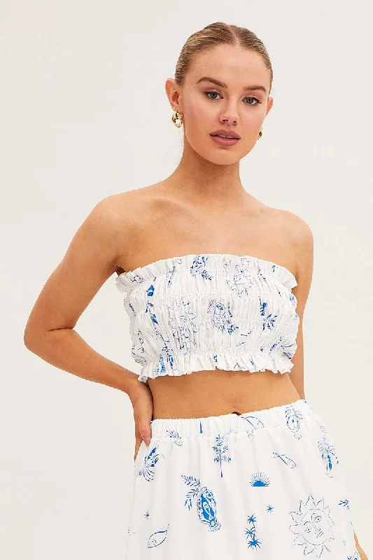 Clearance Items White Abstract Bandeau Top Shirred Print