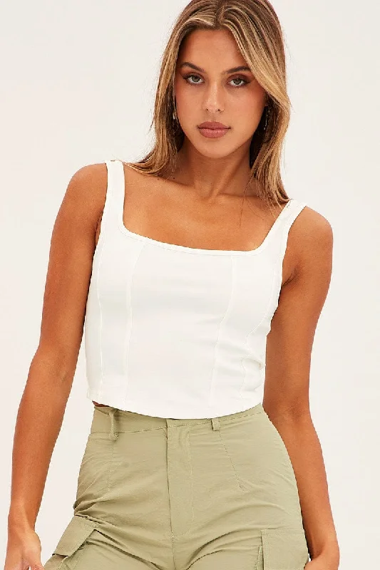 Price Reduction White Corset Tank Sleeveless Square Neck Crop Curved Hem