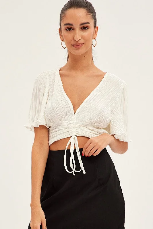 YEAR-End Sale White Crop Top Short Sleeve Plisse Ruched Front