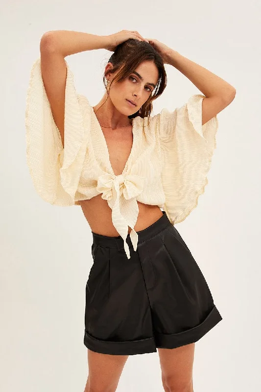 Savings Galore White Plisse Bolero Half Sleeve Tie Front Crop