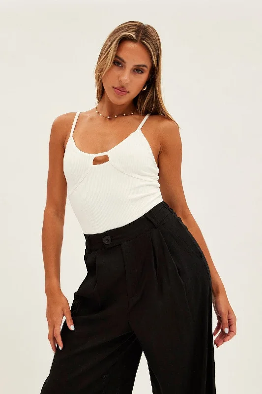 Final Clearance White Rib Bodysuit Keyhole Detail