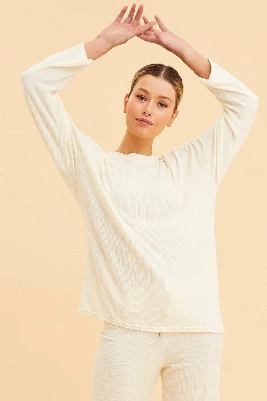 Stock Clearance White Rib Top Long Sleeve Crew Neck Brushed