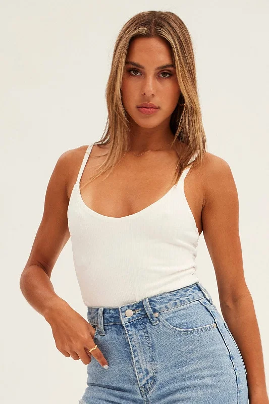 Best Bargains White Rib V Neck Strappy Bodysuit
