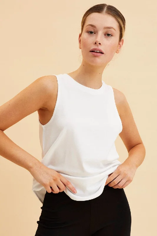 Shop and Save White Sleeveless Tank Cotton Crew Neck Curved Hem