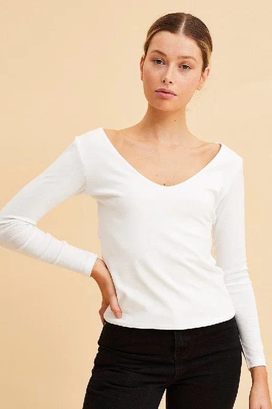 Special Price White V Neck Top Long Sleeve Cotton Stretch