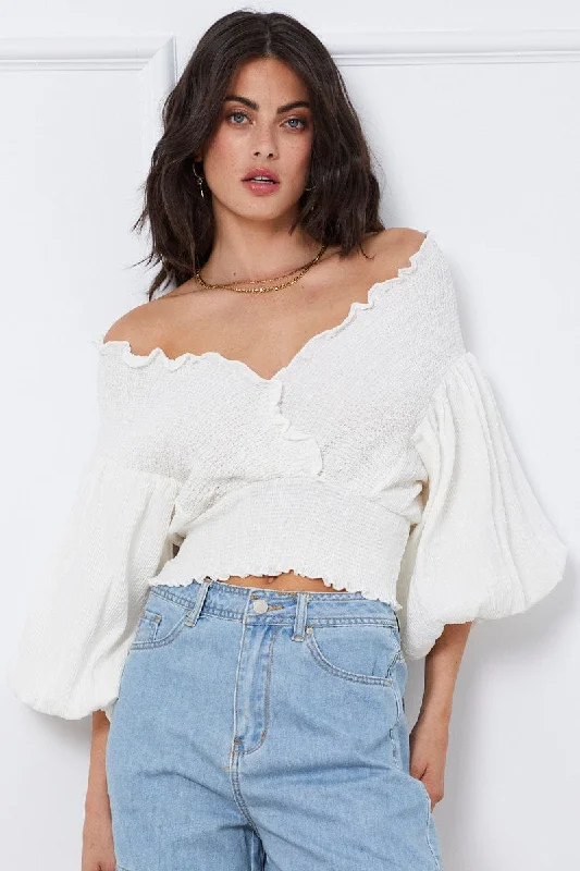 Best Deals White Wrap Top Three-Quarter Off Shoulder Sweetheart