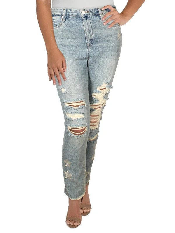 Super Sale Womens Denim Patchwork Straight Crop Jeans