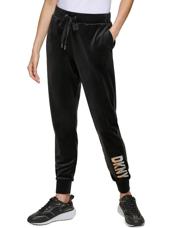 Hurry In Womens Velour Sequined Logo Jogger Pants