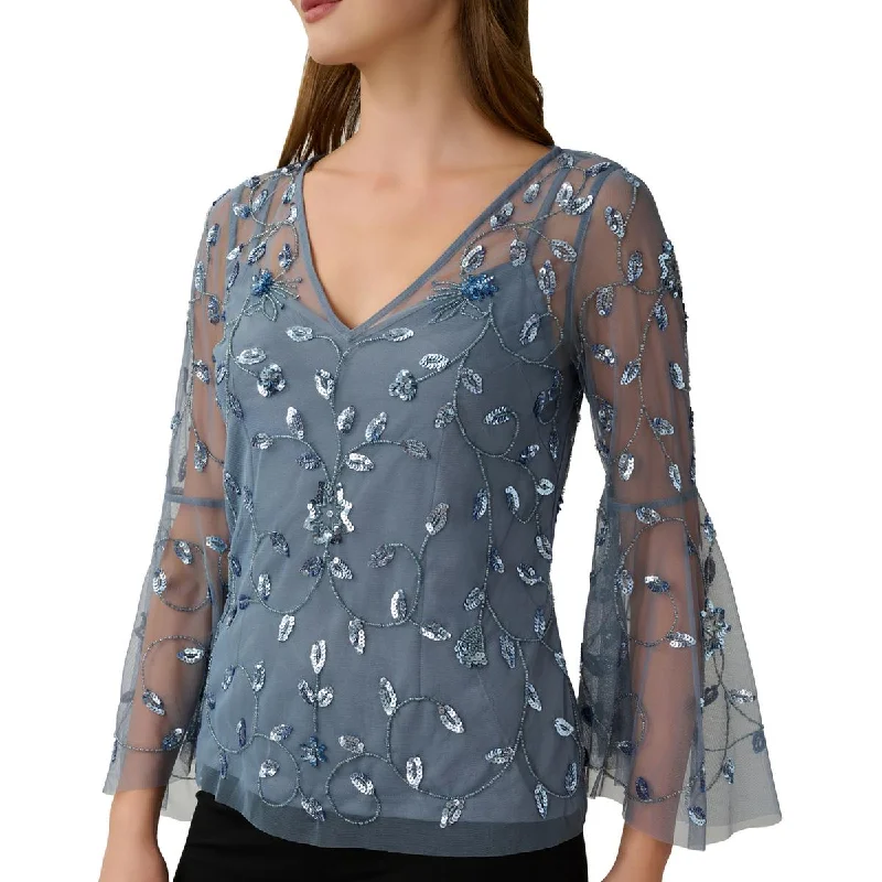 Deal Dash Adrianna Papell Womens Mesh Embellished Blouse