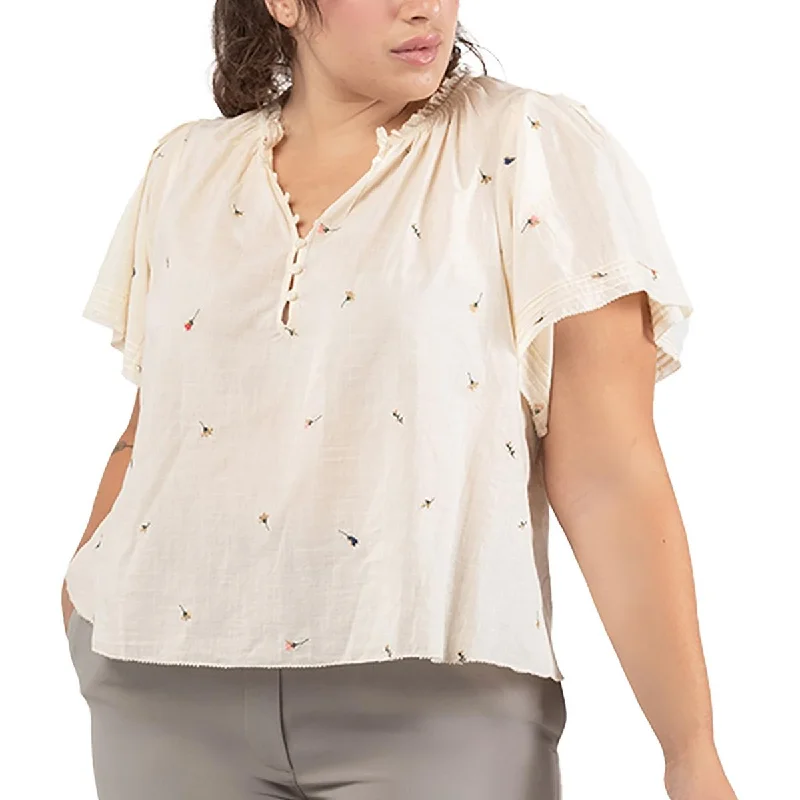 Sale Event Black Tape_ Womens Plus Embroidered Cotton Blouse