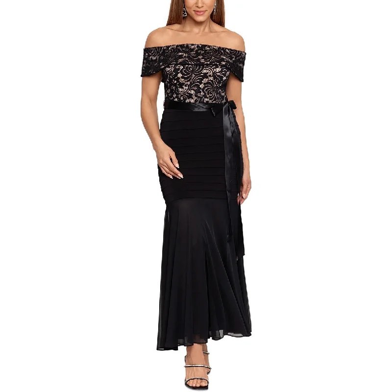 Act Fast Blondie Nites Womens Petites Lace Off-The-Shoulder Evening Dress