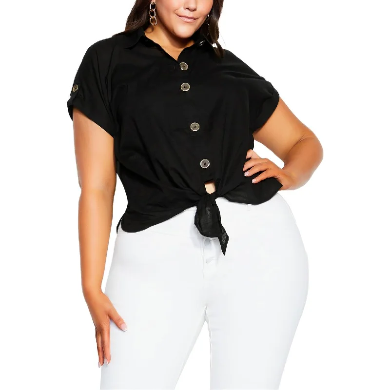 Year-End Clearance City Chic Womens Plus Knot-Front Cotton Button-Down Top