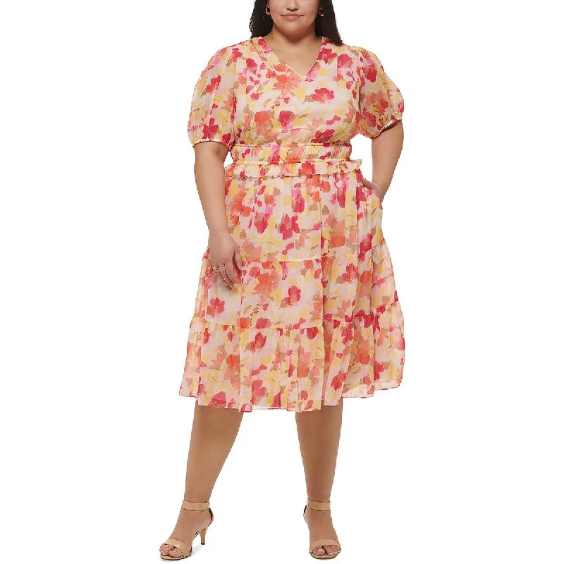One-DAY Sale Jessica Howard Womens Plus Chiffon Floral Midi Dress