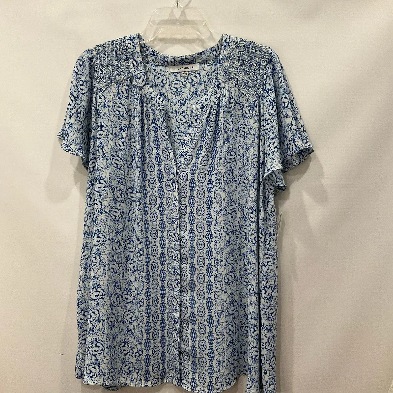 Daily Specials Blue & White Top Short Sleeve Rose And Olive, Size 2x