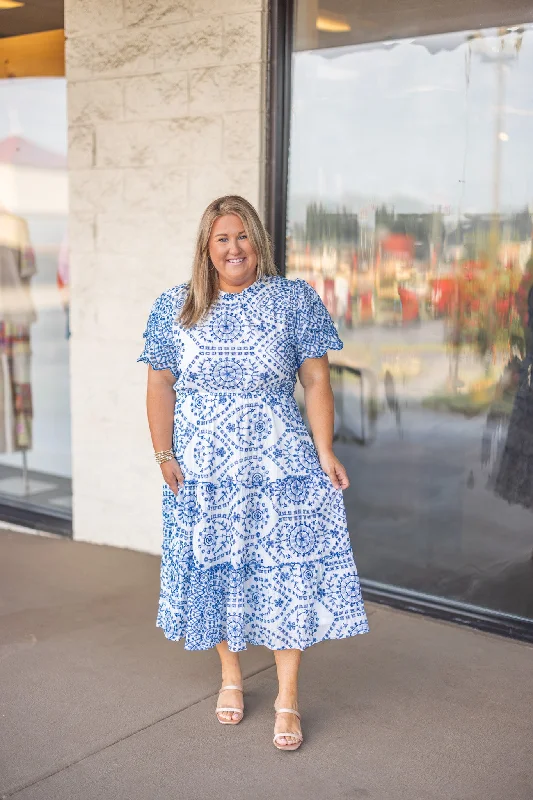 Act Fast Blue Embroidered Sass Midi Dress