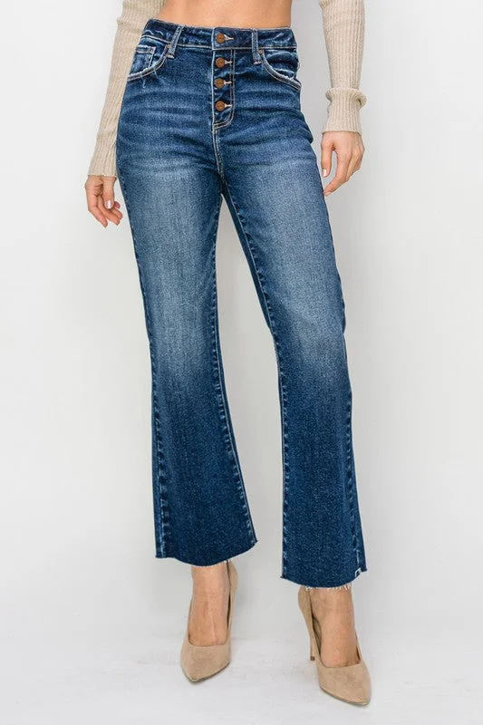 Best Deals Button Fly Cropped Flare Dark Jeans
