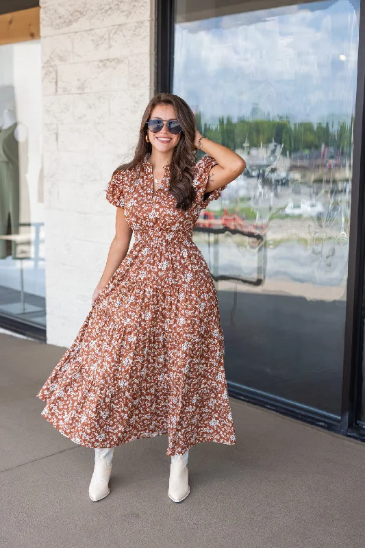 Big Savings Blooming Love Chestnut Midi Dress