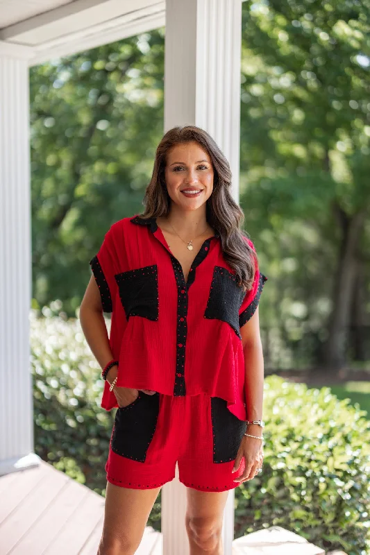Huge Savings Colorblock Glam Red Rhinestone Top