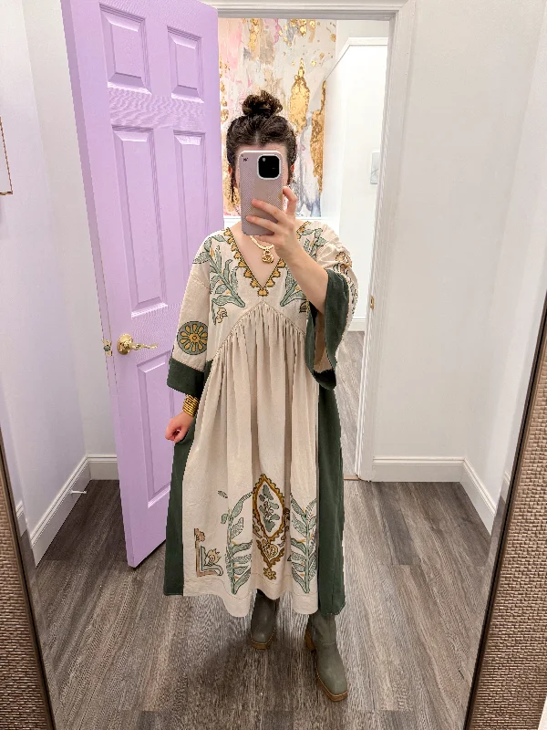Super Savings Embroidered Olive Taupe Midi Dress