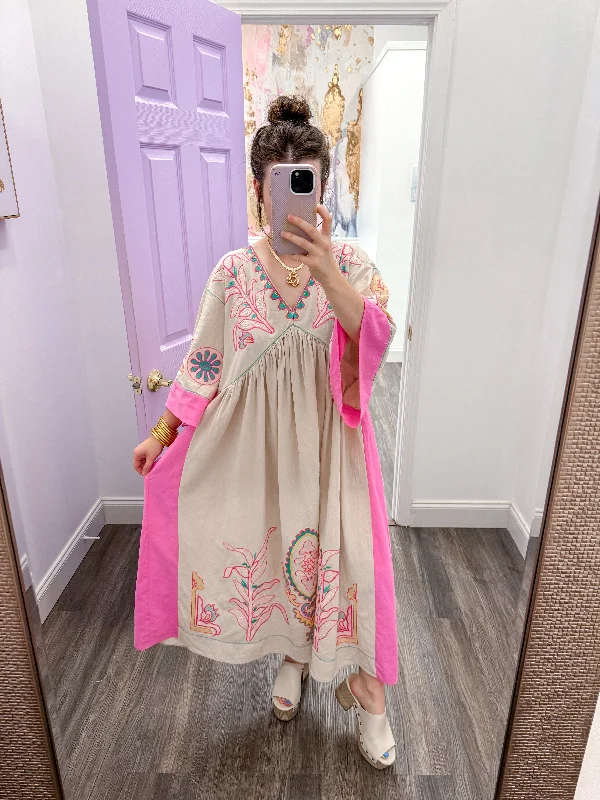 Online Exclusive Embroidered Pink Taupe Midi Dress