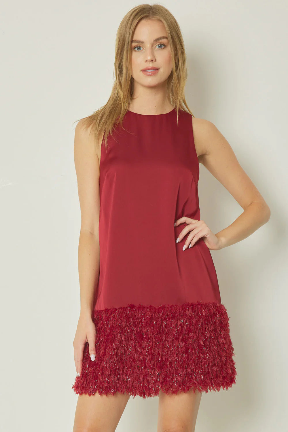 Weekend Deal Feather Fringe Deep Red Dress