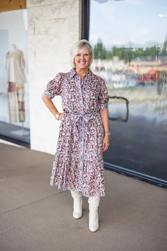 Price Cut Autumn Florals Brown Midi Dress