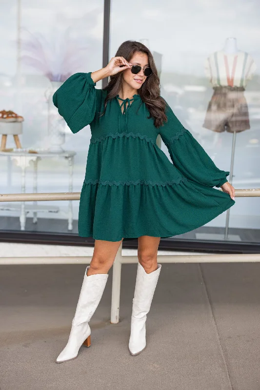 Online Only Lovely Tiered Hunter Green Dress