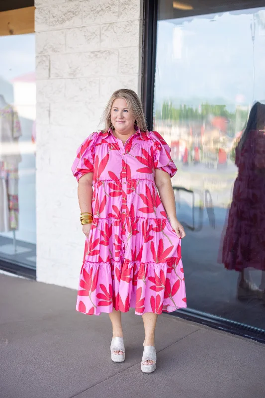 Super Sale Palm Floral Pink Midi Dress