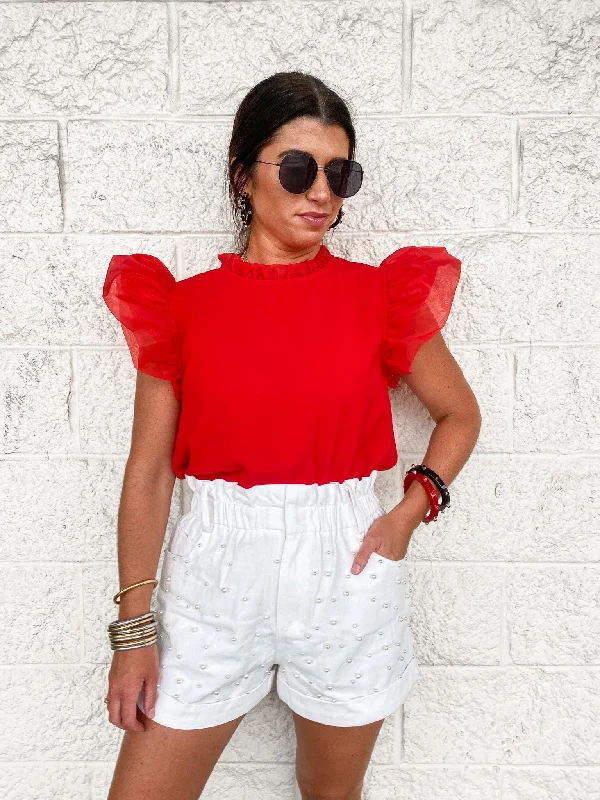 Huge Discounts Pearl Beaded Off White Twill Shorts