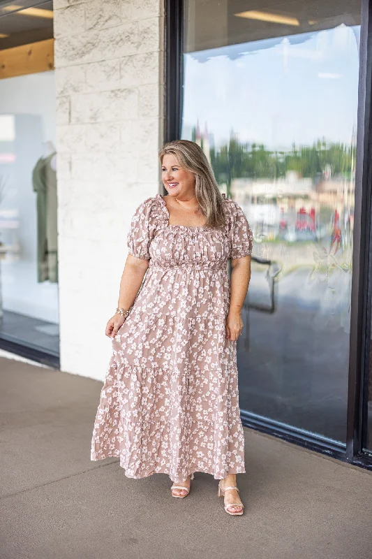 Midnight Madness Puffy Florals Taupe Maxi Dress